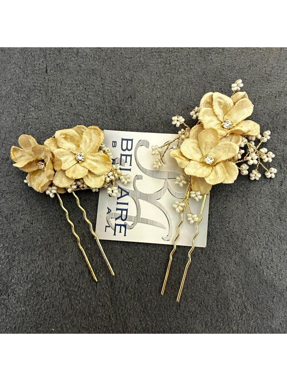 Belaire Bridal Hair Pins Champagne Gold Floral Crystal Wedding Hairpiece Set